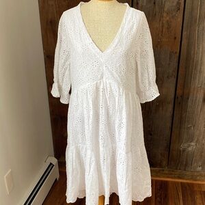 Sundance Jasmine Eyelet midi v neck dress white Sz M oversized 100% cotton